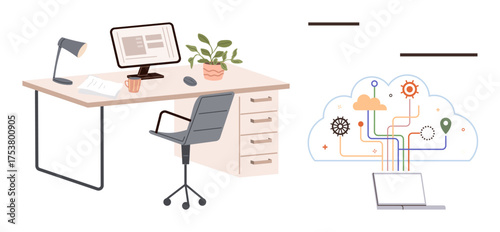Desk with computer, lamp, cup, plant, and chair alongside cloud computing graphic connecting to a laptop. Ideal for collaboration, productivity, technology, innovation workflow data storage simple