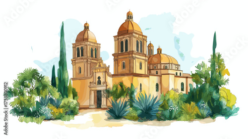 Mexico City Historic Centre. Mexico City Historic Centre hand drawn watercolor illustration