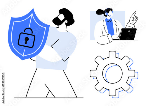 Person holds secure shield with padlock, wearing headset assists at laptop, gear represents process management. Ideal for cybersecurity, privacy, support service, teamwork, technology, IT workflow