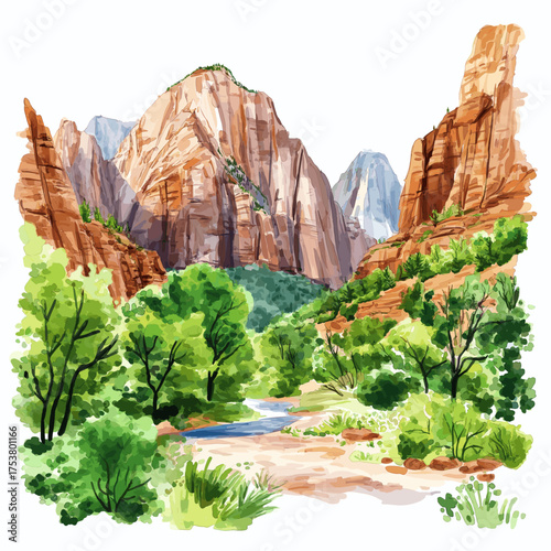 Zion National Park. Zion National Park hand drawn watercolor illustration