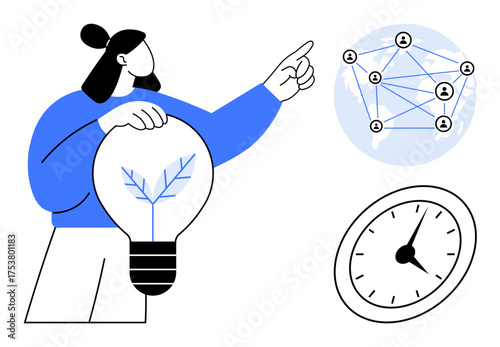 Woman pointing at a network globe, holding an idea-filled lightbulb next to a clock. Ideal for innovation, time management, sustainability, global communication, teamwork, leadership, technology