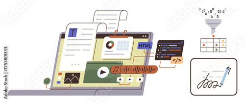 Laptop multitasking with text editing, coding, media playback, data analysis, and digital signing. Ideal for technology, software, coding productivity automation workflow creativity. Simple flat