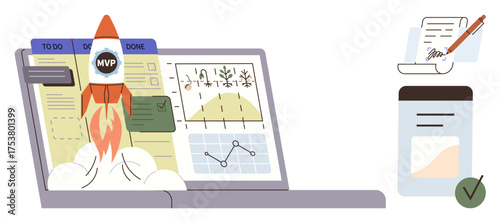Rocket launching from laptop screen with MVP badge, charts, tasks, to-do lists, and graphs. In the background, a signed document and checklist. Ideal for productivity, business growth startup
