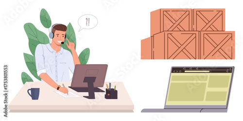 Male worker wearing headphones and speaking on call at desk with computer. Wooden crates stacked beside laptop screen. Ideal for customer service, logistics, inventory, teamwork, remote work, supply