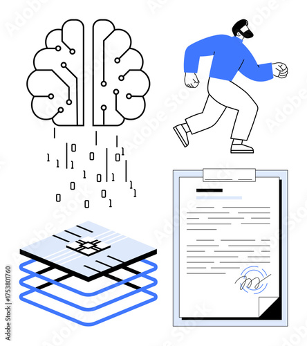 Digital brain with binary code, layered blockchain, signed contract, person running. Ideal for AI, blockchain, smart contract, digital transformation, innovation technology minimal tech-oriented