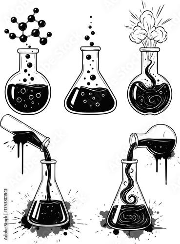 Illustration on the topic of safety precautions when conducting chemical reactions. Science and chemistry icon, monochrome vector illustration. EPS version.