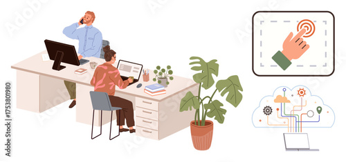 Two professionals working at desks with laptops surrounded by plants and office items. Technology icon with cloud and automation flowchart. Ideal for teamwork, remote work, innovation, tech strategy