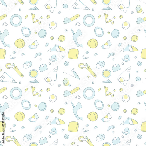 Seamless pattern of various hand drawn cheese types and slicers.