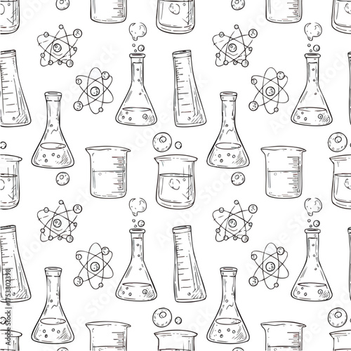 Scientific laboratory equipment pattern with beakers and flasks for experiments.