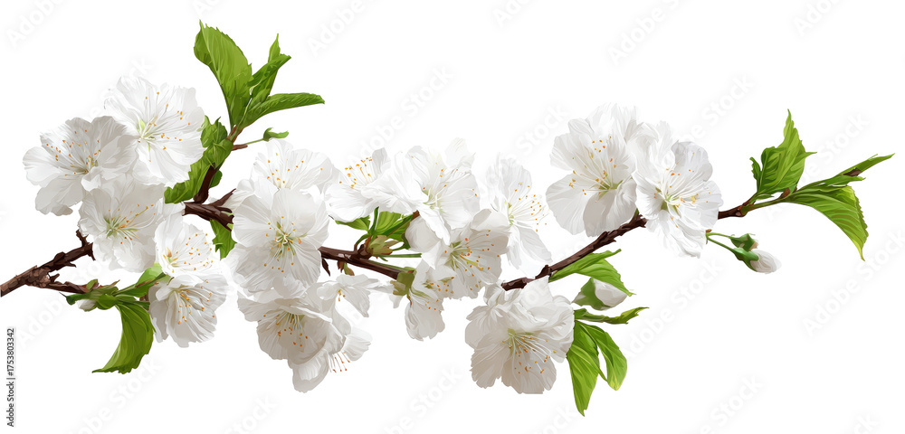 Fototapeta premium Branch of white blossoms with green leaves (1)