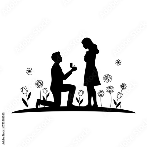 Valentine vector art of man proposing to woman in garden