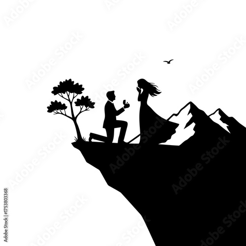 Valentine vector art of man proposing to woman on mountain