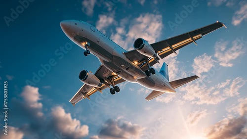 An airplane soaring through a blue sky with clouds, illuminated by sunlight, creating a dynamic and inspiring scene.