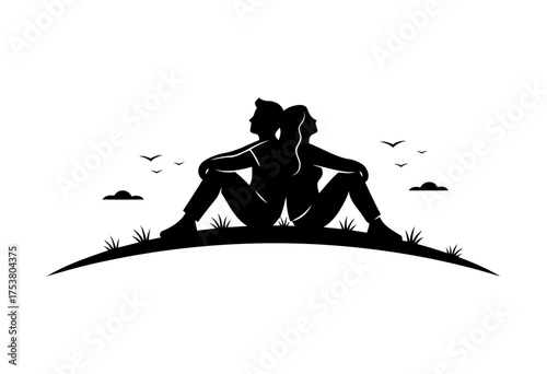 Valentine vector art of couple sitting back to back in nature