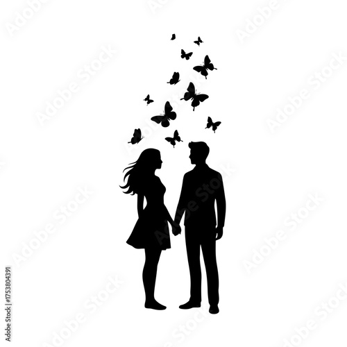 Valentine vector art of silhouette of couple holding hands with butterflies