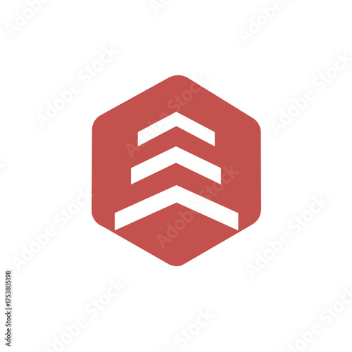 Bold, geometric logo featuring an upward-pointing arrow stack within a pentagon shape. Symbolizes success, growth, achievement, or military/defense. Brown/Red color