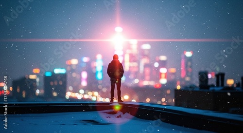 Person standing before glowing neon city skyline