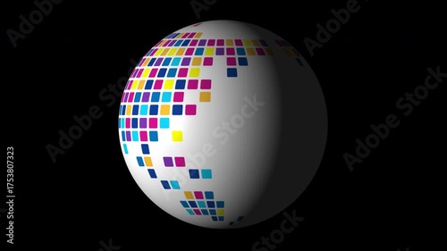 A digital globe spins slowly, featuring a vibrant pattern of squares in multiple colors. This artwork highlights creativity and innovation in modern design.