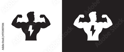 Strong muscular man silhouette with lightning symbol