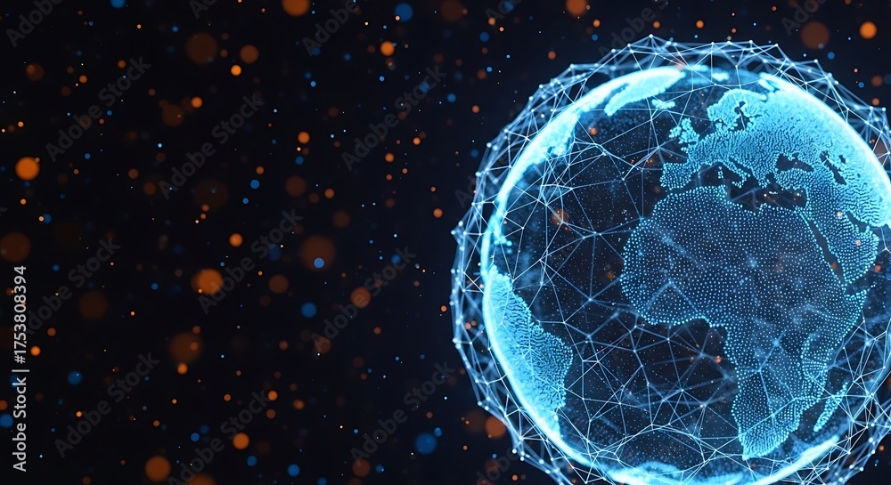 Naklejka premium Digital representation of Earth with connected nodes, surrounded by particles.
