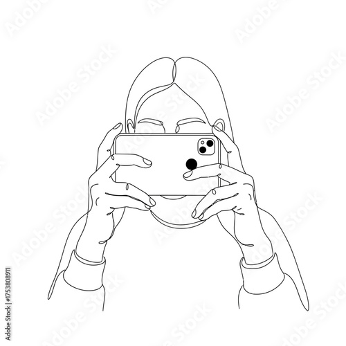 A person captures a moment with their smartphone, depicted in a clean, continuous line drawing, isolated on white background the focus is on the act of photographing