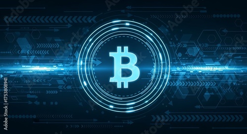 Digital illustration of a Bitcoin symbol surrounded by glowing concentric circles and abstract technological patterns on a dark blue background.