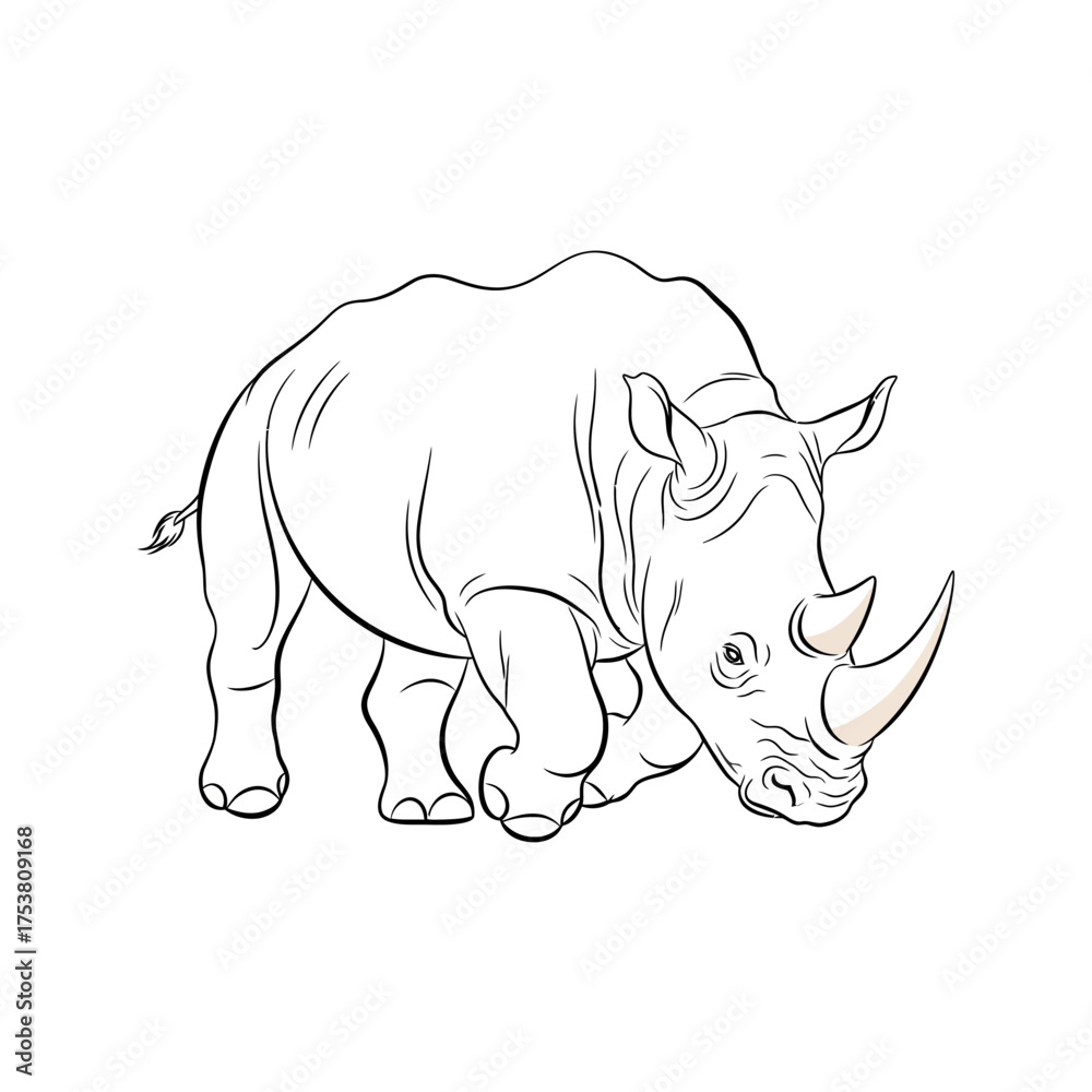 Fototapeta premium Illustration of a rhinoceros isolated on white background the rhino is facing forward and has two horns the style is minimalist and the rhino is drawn with black lines