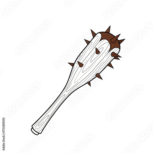 Illustration of a wooden mace isolated on white background medieval weapon with a spiked head symbol of brute force and ancient warfare, representing power and aggression