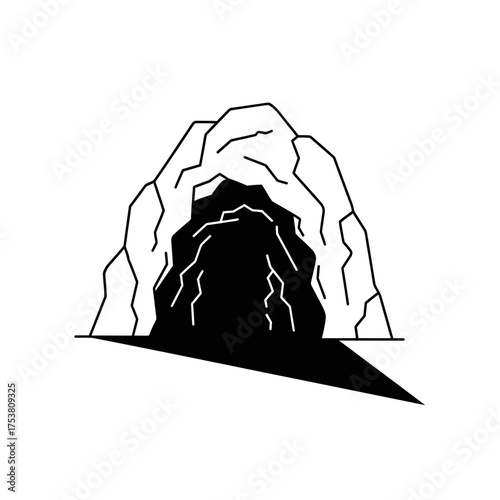 Illustration of a cave entrance isolated on white background dark opening in a rock formation, leading to an underground space symbol of mystery and exploration