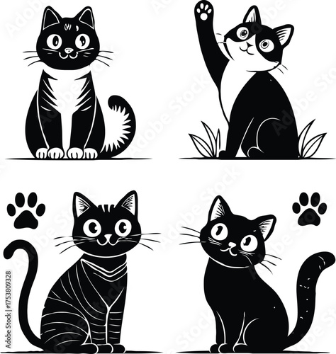 Clean black and white vector illustration of cat icons like 3.eps
