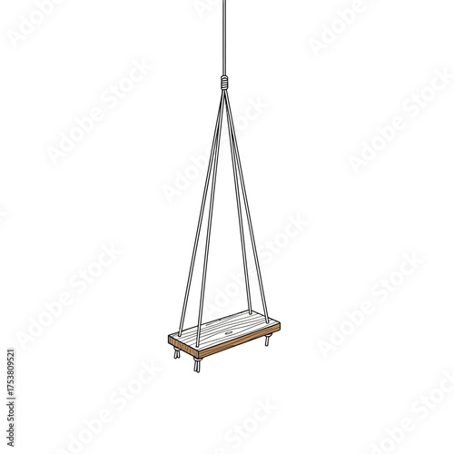A wooden swing isolated on white background, suspended by ropes, illustrated in a minimalist line art style, capturing the essence of childhood joy and carefree moments