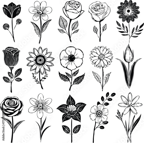 Clean black and white vector illustration of flwer icons like fg.eps