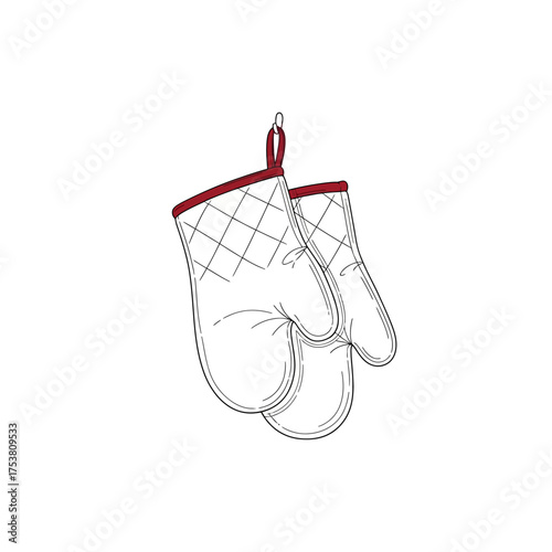 A pair of oven mitts isolated on white background, depicted in a clean line art style, evoking warmth and safety in the kitchen with a touch of minimalist charm