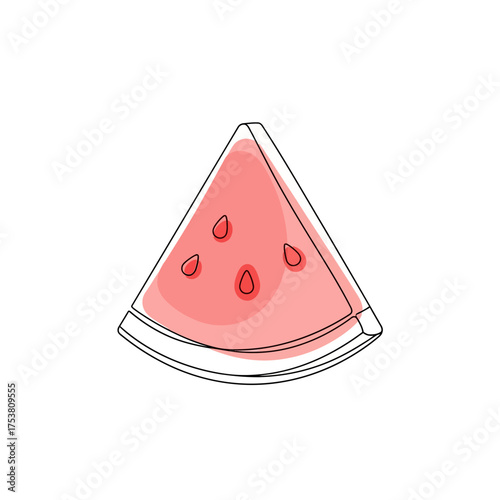 A delightful watercolor illustration of a watermelon slice, isolated on white background, showcasing its vibrant pink flesh and scattered seeds in a minimalist style, perfect for summer
