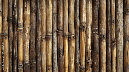 Detailed close-up of a bamboo fence, showcasing the natural texture and pattern, ideal for backgrounds