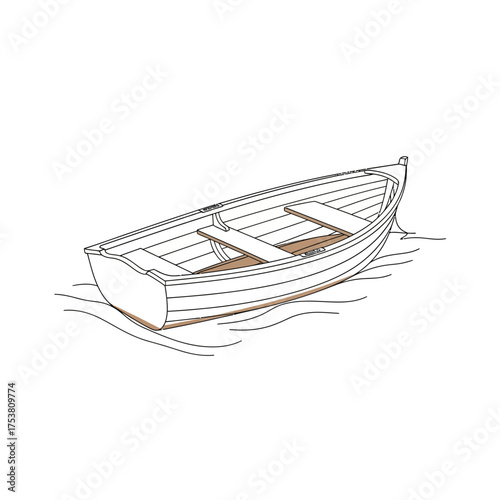 Illustration of a small rowboat on water isolated on white background the boat is white with brown seats, and the water is represented by thin, wavy lines, creating a simple and clean design