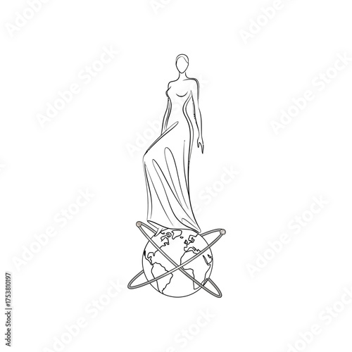An empowering illustration isolated on white background, featuring a woman standing atop the world, symbolizing global leadership, achievement, and influence in a minimalist style