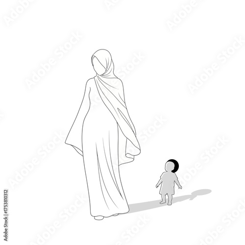 A minimalist line art illustration isolated on white background of a muslim woman wearing a hijab and a long dress walking with her child, symbolizing family, motherhood, and cultural identity