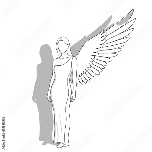 An angel with one wing isolated on white background the angel is standing tall and proud the wing is large and powerful the angel is a symbol of hope and guidance the angel is a messenger