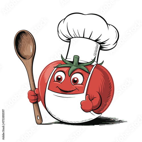 A cheerful cartoon tomato character wearing a chef hat and apron holding a wooden spoon ready to cook delicious food