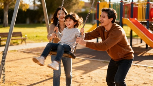 Family playing together on swings at park on sunny day  