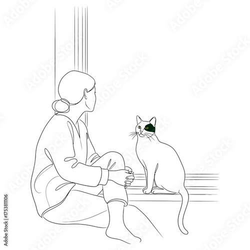 A girl sits on the windowsill with her cat, isolated on white background the girl is looking out the window, and the cat is looking at her the scene is peaceful and serene