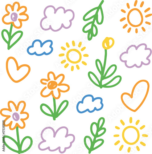 playful floral sun cloud seamless vector pattern handdrawn style colorful children illustration repeatable