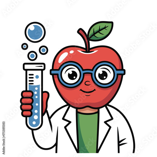 Cartoon apple character wearing glasses and lab coat holding test tube with bubbles for science education and healthy eating concepts