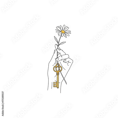 Hand holding a daisy with a key isolated on white background a delicate illustration showcasing the beauty of nature and the symbolism of unlocking potential and new beginnings