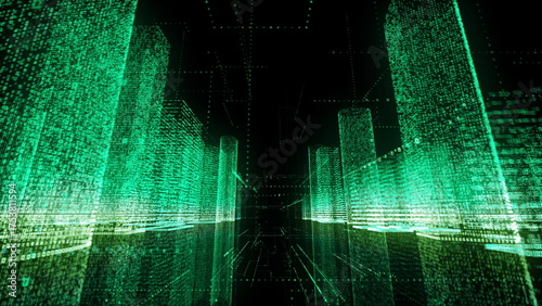bright neon wireframe of abstract modern digital city center with skyscrapers which consists of green symbols on black background. 3d rendering 4K video.