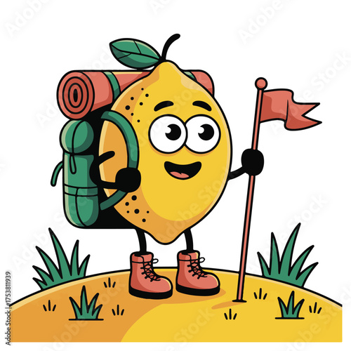 Cheerful cartoon lemon character with a backpack and hiking stick standing on a grassy hill with a flag