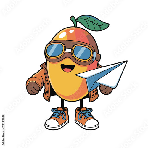 Cute anthropomorphic mango character dressed as a pilot wearing goggles and a jacket holding a paper airplane ready for adventure