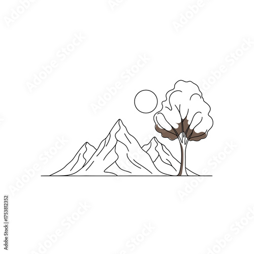 Mountain landscape with tree isolated on white background continuous line drawing of a mountain range with a tree and sun simple vector illustration of nature and outdoor scenery