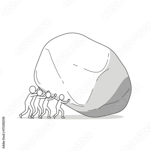 Teamwork pushing a heavy rock, isolated on white background a group of people working together to overcome obstacles, showing collaboration, support, and determination in achieving a common goal